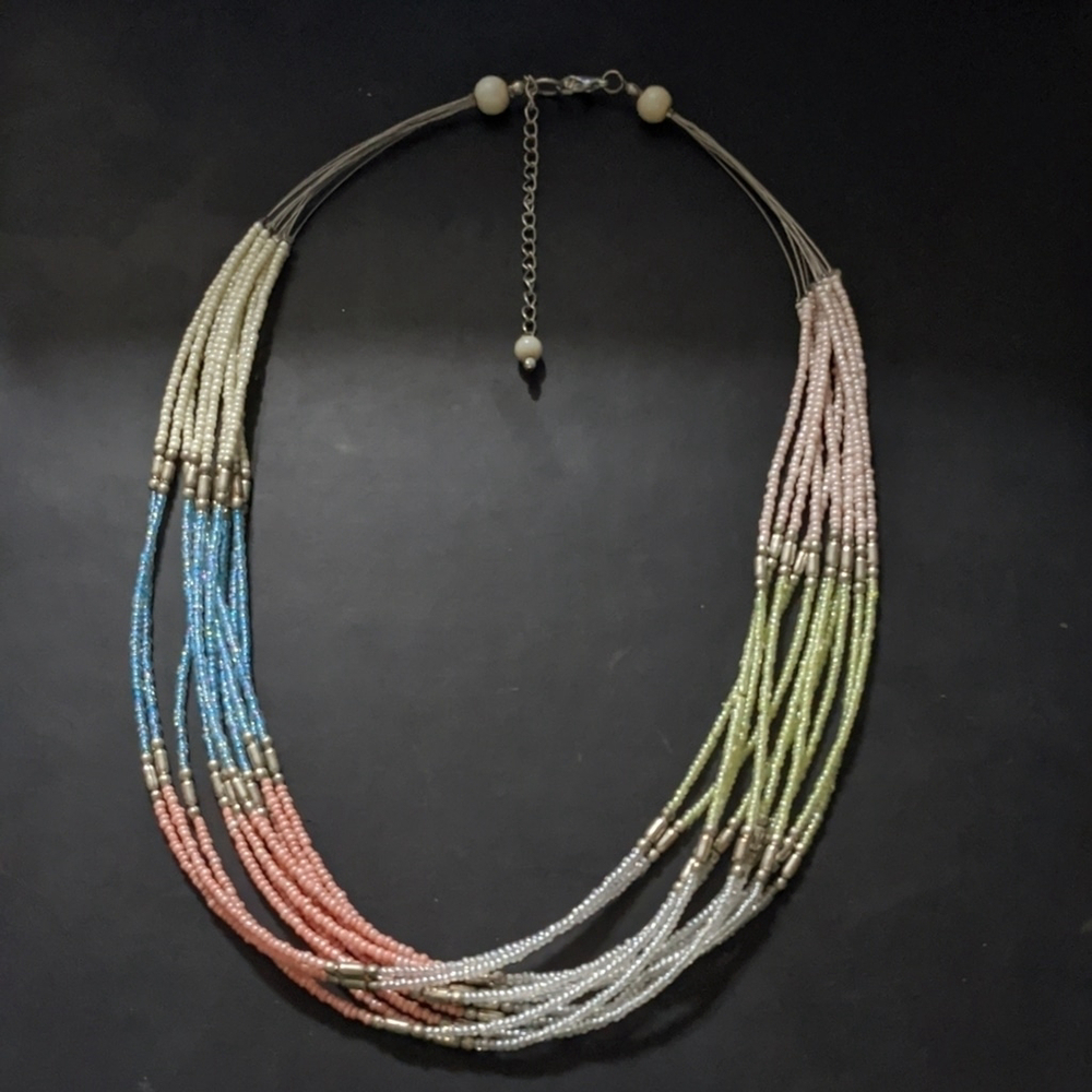 White Pink Blue Green Beaded Multi Strand Layered Statement Necklace